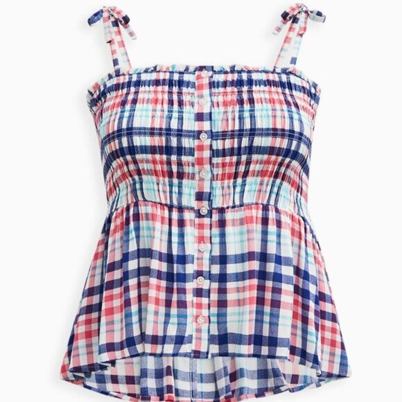 Torrid Peplum Plaid Top Smocked Bodice Cami Crinkle Gauze Size 3 Summer Pink NWT - Picture 4 of 8